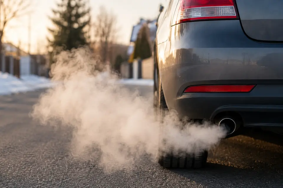 Fumée blanche sortant de l’échappement d’une voiture au démarrage par temps froid